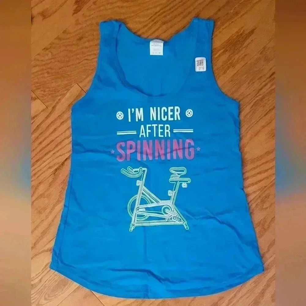 Cotton Size Small Teal Graphic Spin Tank Top